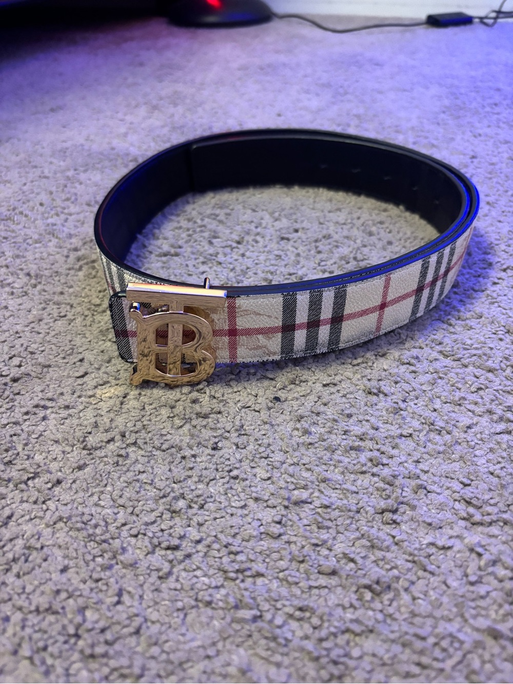 Burberry Beige Plaid Belt with Gold 'B' Buckle
